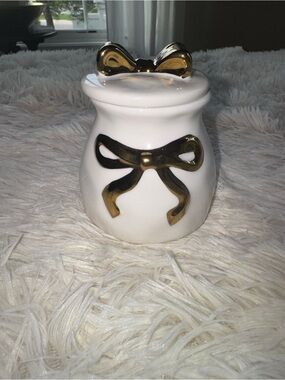 White Lidded Ceramic Jar with Gold Bow Accent
